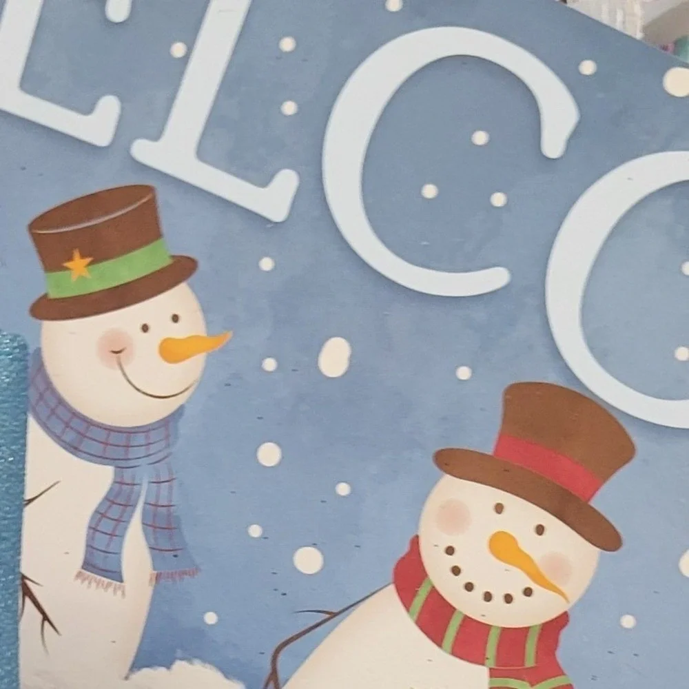 Snowman Welcome Wreath Door decor Blue Red Candy Cane 24 Inch on Pancake Frame